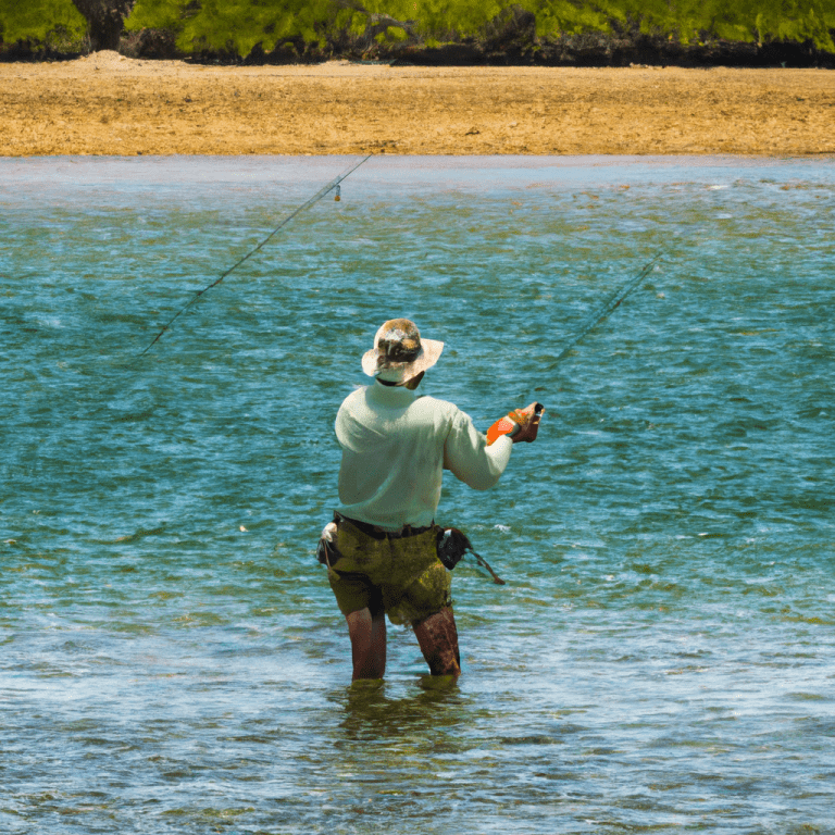 An image capturing the exhilarating spectacle of a skilled angler expertly casting a vibrant, iridescent fly line, elegantly arcing through the air before delicately landing upon the shimmering surface of a crystal-clear, sunlit saltwater flat