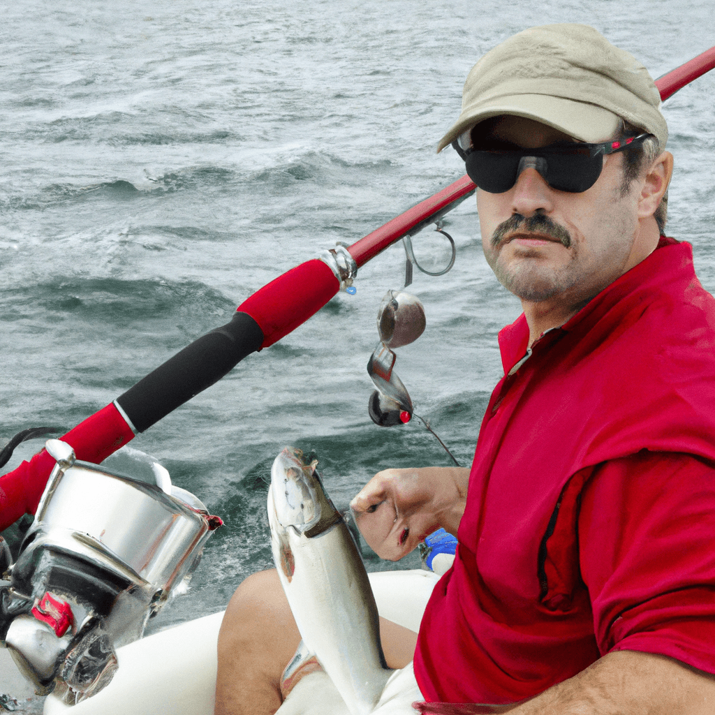 An image showcasing a fisherman on a vibrant boat, skillfully casting a sleek, high-performance tarpon rod and reel