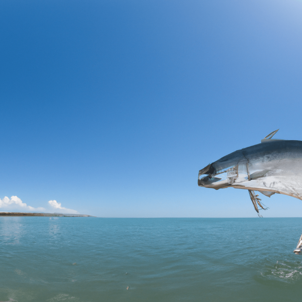 An image showcasing a panoramic view of a calm ocean surface, with a clear blue sky above