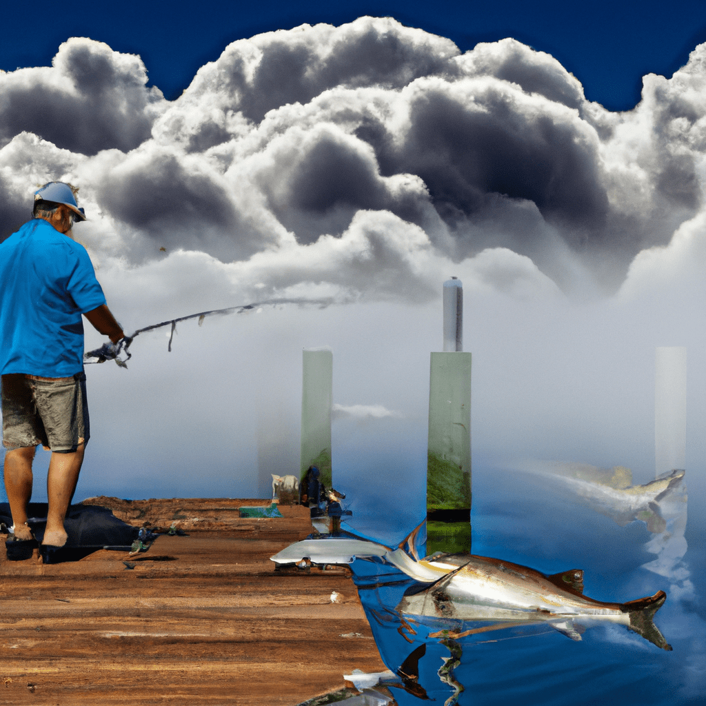 An image showcasing a fisherman standing on a vibrant, mist-covered dock under a stormy sky with swirling clouds