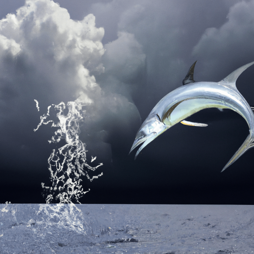 An image depicting a vast ocean with a Tarpon leaping out of the water against a backdrop of dark storm clouds