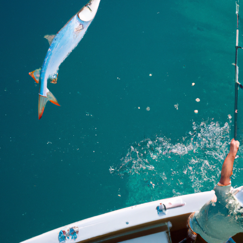 An image capturing the exhilarating moment of a fisherman standing on a sunlit boat deck, casting a gleaming silver lure into crystal-clear turquoise waters, with a leaping tarpon suspended mid-air