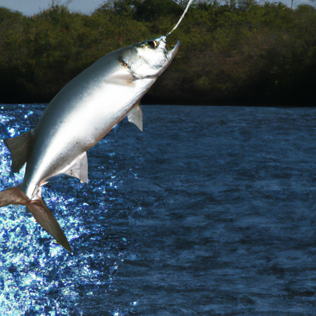 An image capturing the electrifying moment of a tarpon leaping high above the shimmering, turquoise water, its colossal silver body glistening in the sunlight, as an angler's rod bends under the immense force