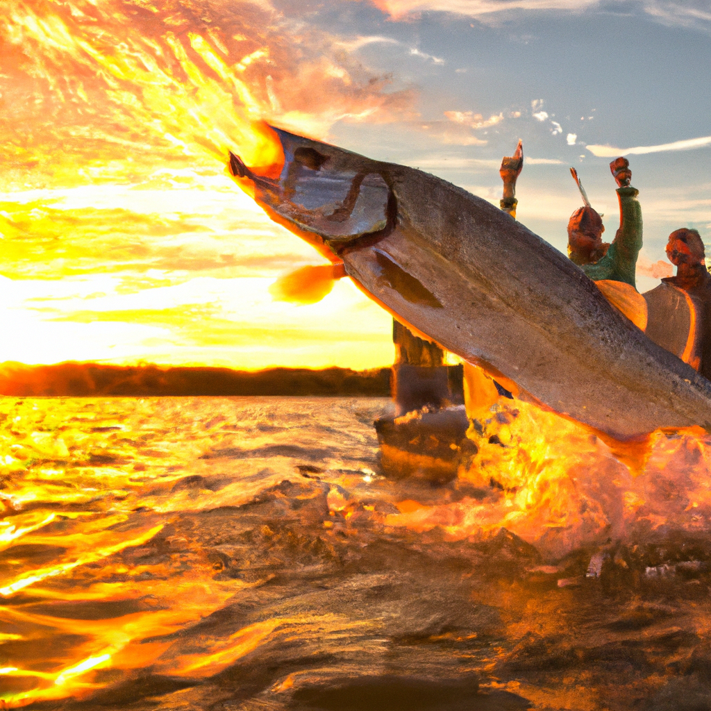  the thrill and triumph of tarpon fishing as a skilled angler battles a majestic silver king, the sun setting in a fiery blaze, reflecting off the water, while fellow anglers cheer in the background