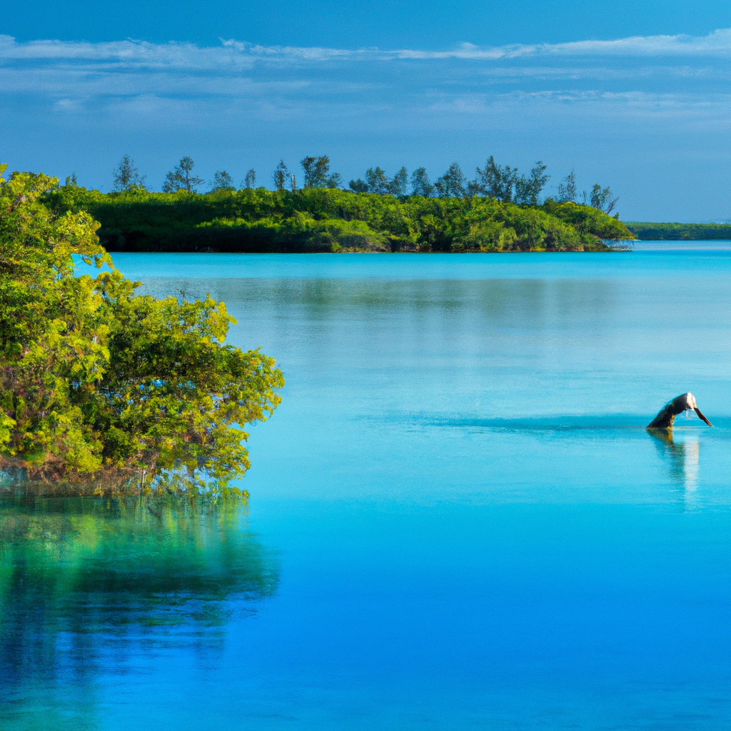 An image showcasing a serene coastal scene at dawn, where a solitary angler stands knee-deep in crystal clear turquoise waters, casting towards a lush mangrove forest, as a majestic tarpon leaps gracefully in the background