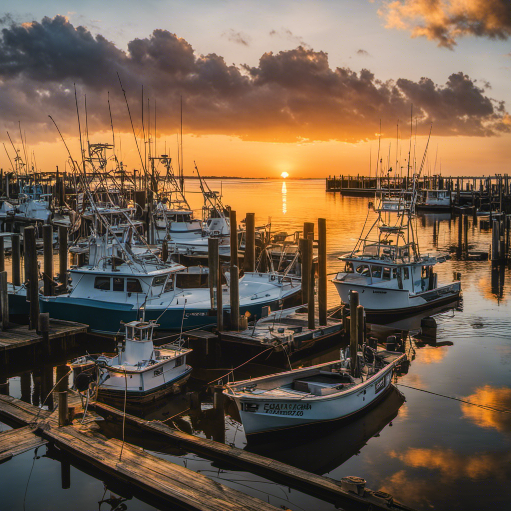 An image of a serene coastal landscape in South Carolina, with a vibrant sunrise casting a warm golden glow over a fleet of fishing boats, each adorned with professional fishing gear and experienced guides