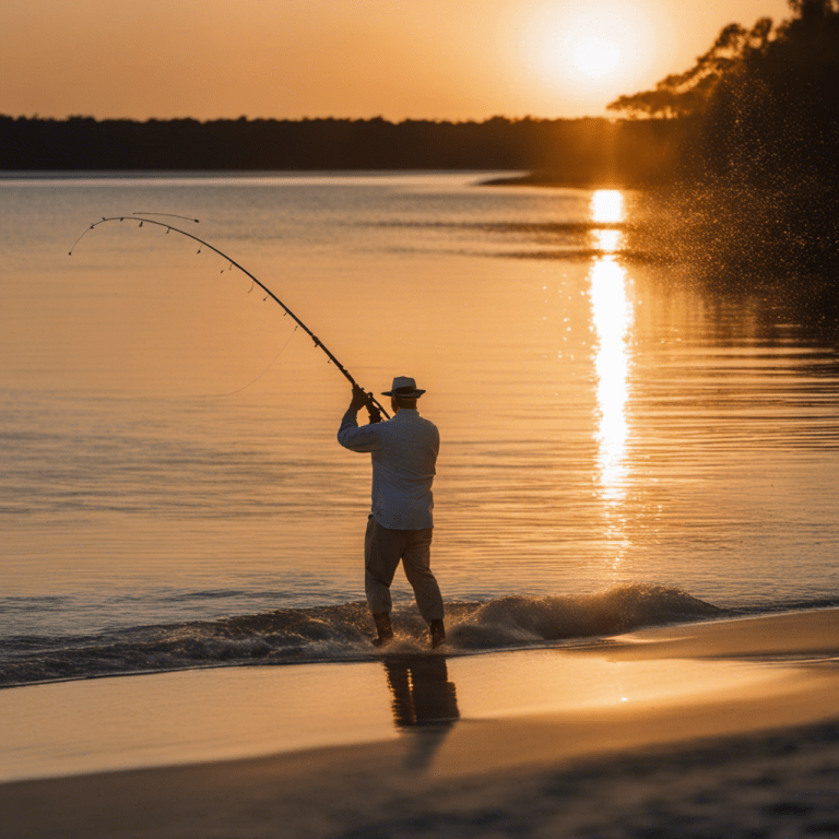 An image showcasing a serene sunset scene in South Carolina, where an angler stands on a sandy beach, casting a fishing rod towards a crystal-clear waterway, as a massive tarpon gracefully leaps out of the water