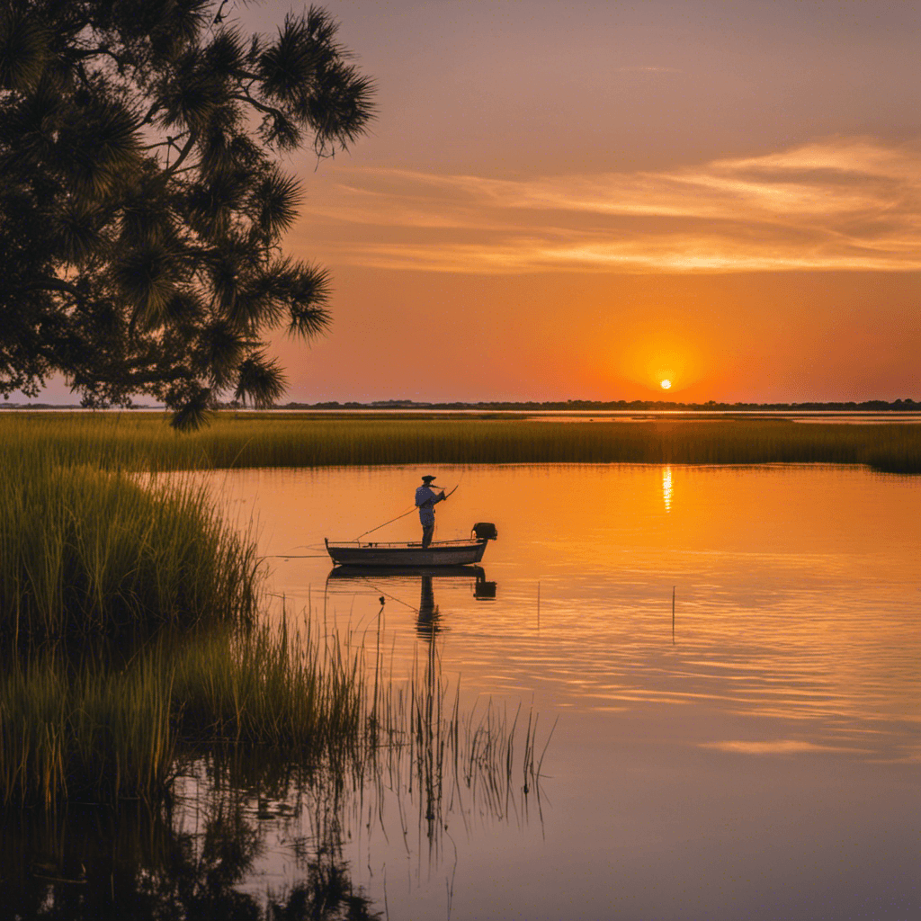 An image capturing the vibrant sunset over a serene coastal marsh in South Carolina, with a lone fisherman casting their line into the golden waters, seeking the elusive tarpon