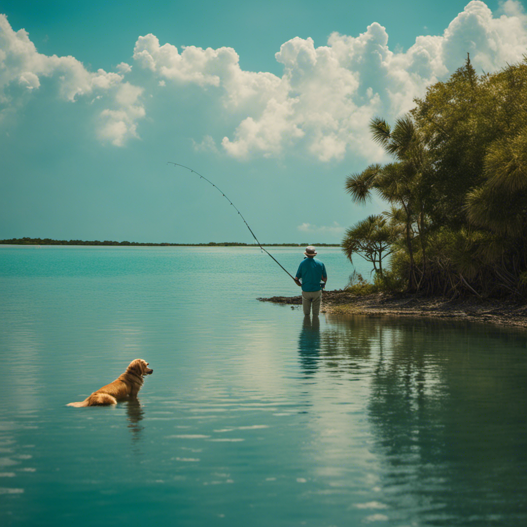An image capturing the serene beauty of a turquoise flat, with a skilled angler standing knee-deep in the shimmering water, while his faithful fishing companion, a golden retriever, eagerly watches for tarpon in the distance