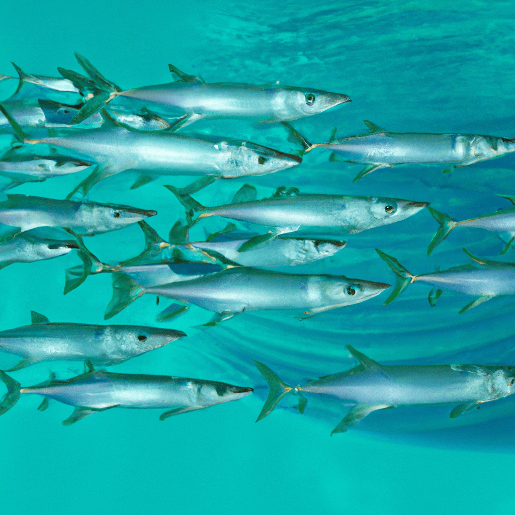 An image showcasing a crystal-clear, turquoise ocean with a group of majestic tarpons gracefully swimming together in a precise formation, illustrating the impact of water clarity on their migration routes