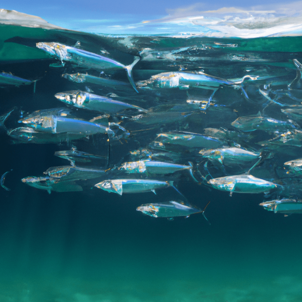 An image showcasing a crystal-clear ocean with a school of vibrant tarpons gracefully swimming in the foreground, contrasting against a murky and turbid backdrop