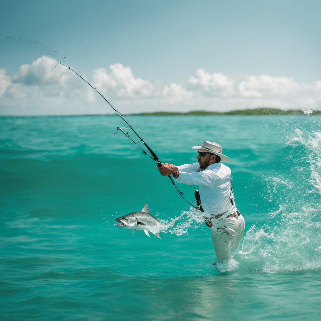 An image showcasing a skilled angler wading waist-deep in crystal-clear turquoise waters off the coast of South Carolina, casting a perfectly arched fly line towards a majestic silver tarpon leaping gracefully in mid-air