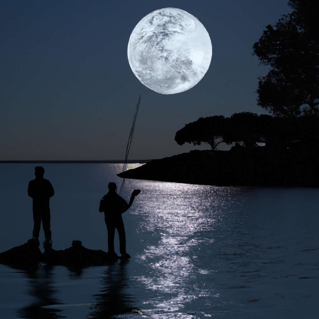 An image showcasing a serene night scene with a glowing full moon suspended above calm waters