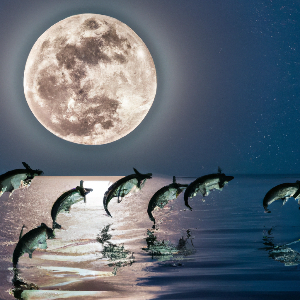 An image showcasing a full moon glowing brightly over calm waters, casting a mystical glow on a group of tarpons leaping gracefully, highlighting their heightened activity during this lunar phase