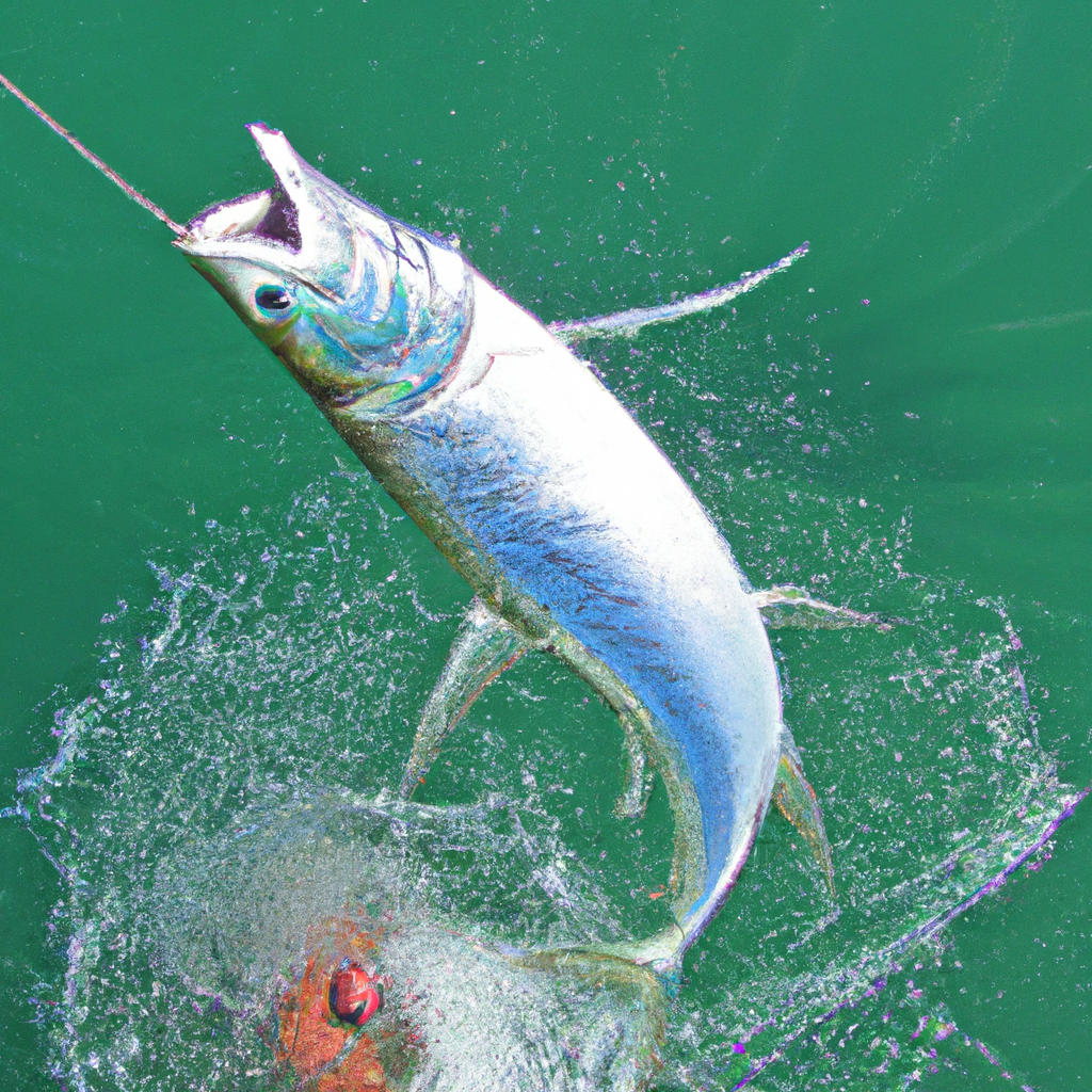 the sheer power and intensity of landing a giant tarpon with an image showcasing a skilled angler skillfully maneuvering their fishing rod, as the massive silver fish arches its back, leaping high above the shimmering turquoise waters