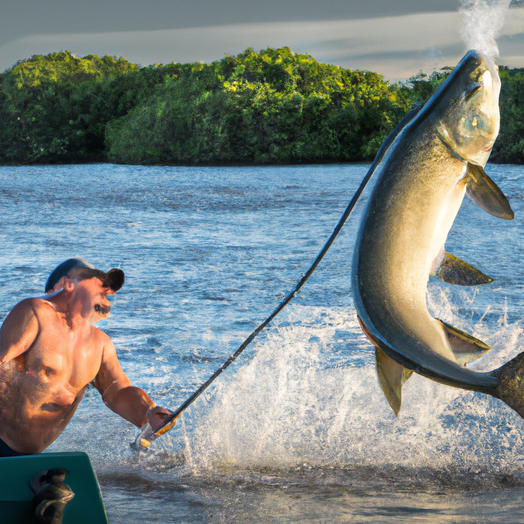 An image capturing the intense moment of a skilled angler battling a massive tarpon, showcasing their expertise in tarpon behavior