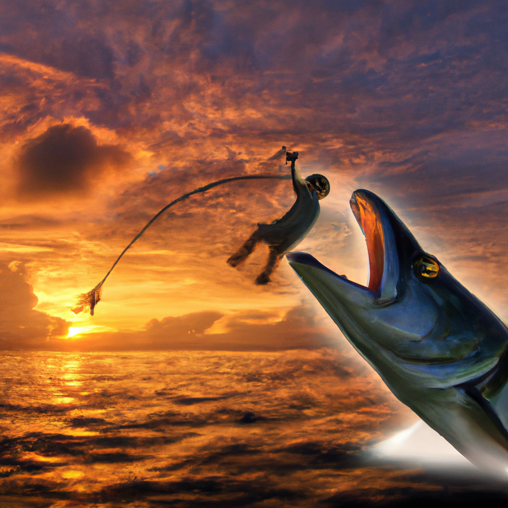 An image capturing the intense battle between an angler and a massive tarpon, showcasing the expert technique of rod bending, sweat-slicked hands gripping tightly, as the majestic fish breaches the water's surface against a backdrop of golden sunset hues