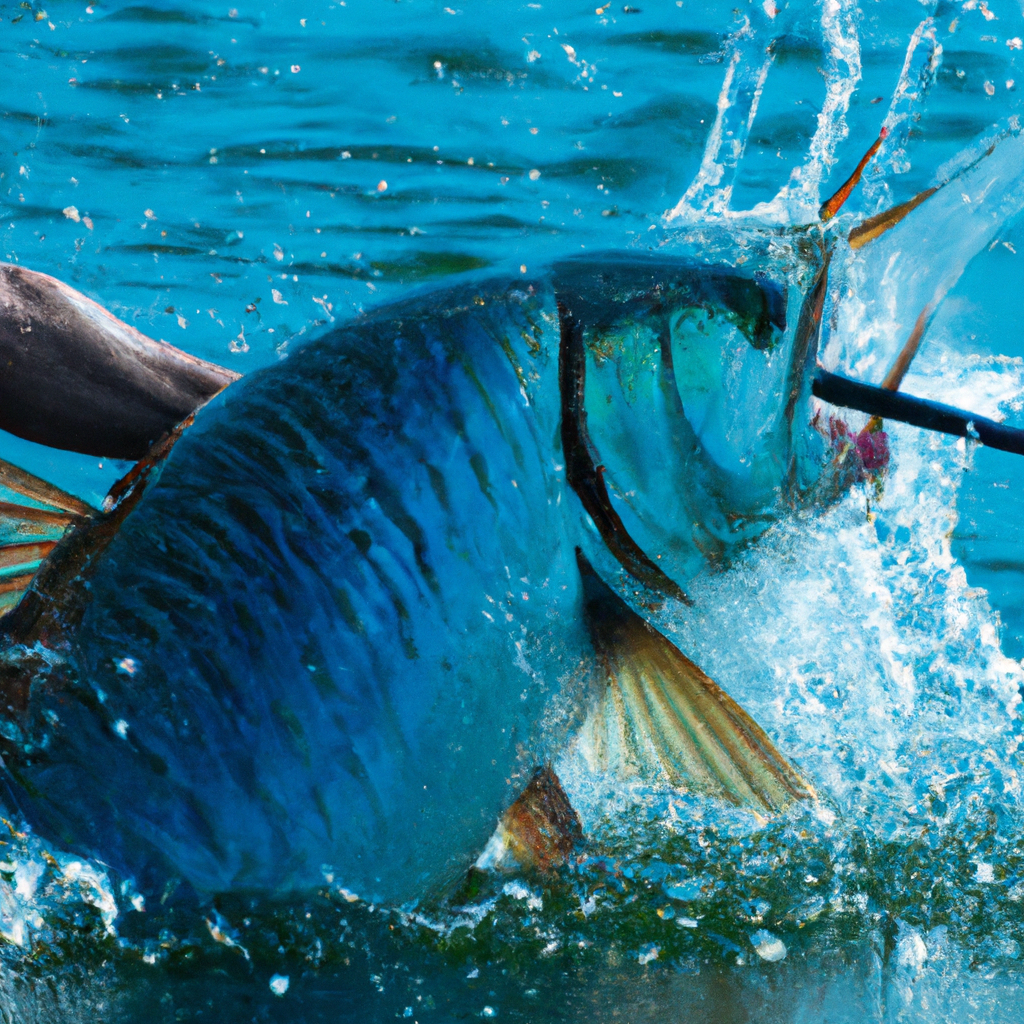 An image capturing the intense moment of a skilled angler battling a massive tarpon, showcasing their precise technique and strength as they delicately release the magnificent fish back into the shimmering blue waters