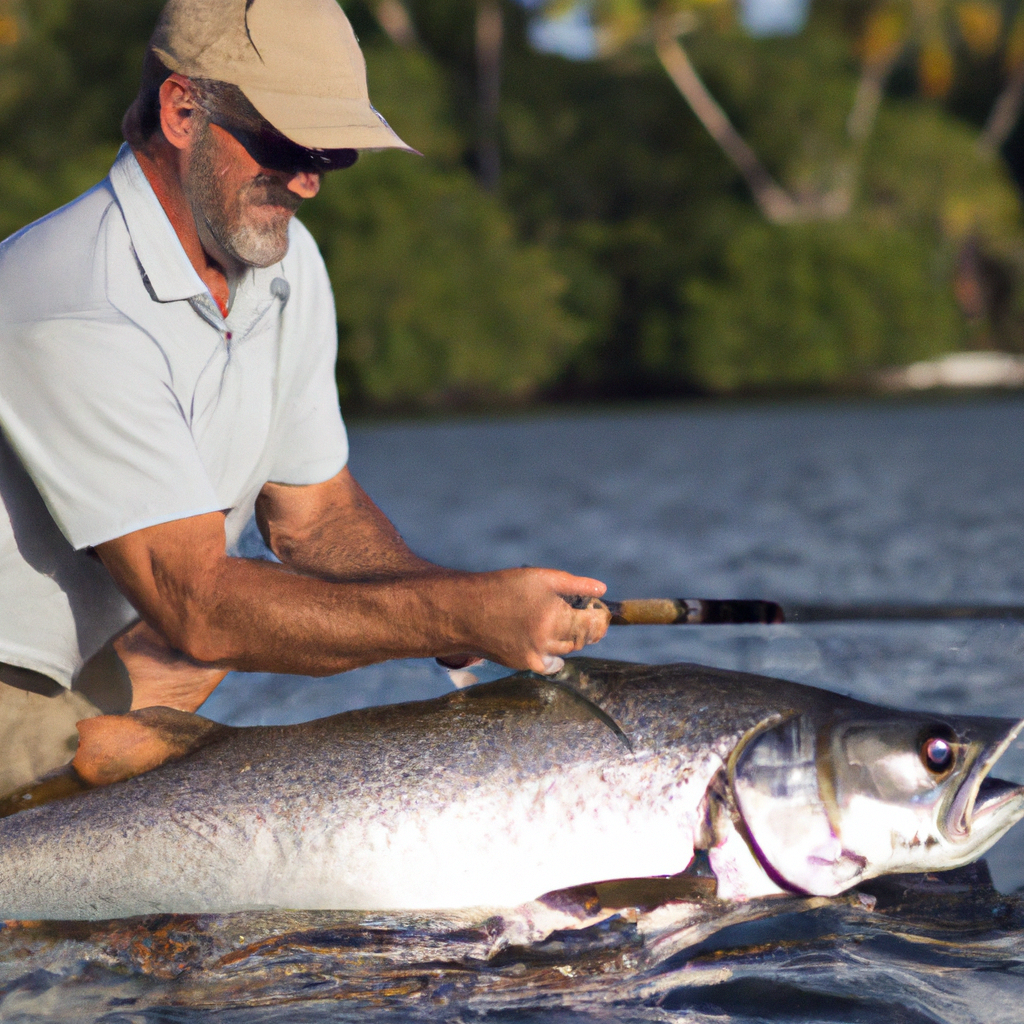 An image showcasing a skilled angler expertly handling a robust fishing rod while effortlessly reeling in a colossal tarpon, highlighting the importance of selecting the perfect fishing gear for successful tarpon fishing