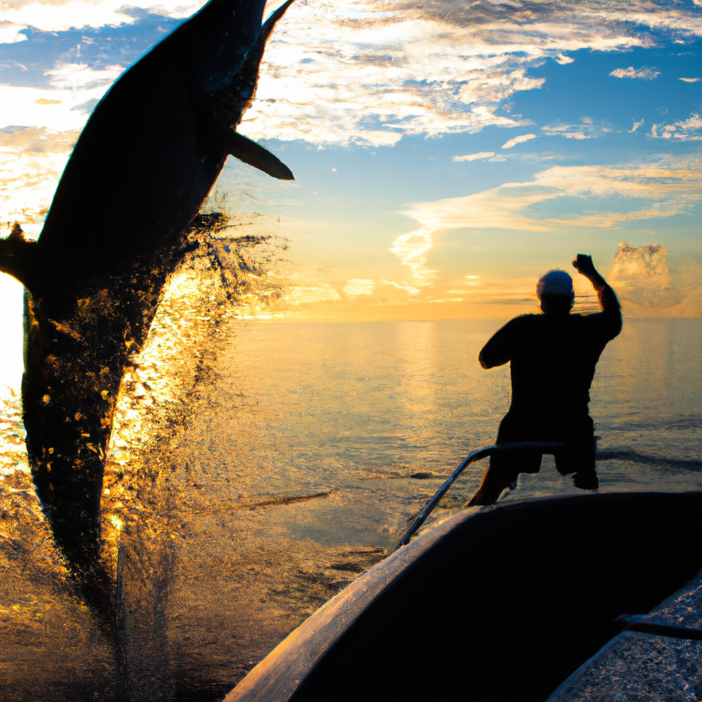 An image of a skilled angler, standing on the bow of a boat at sunrise, gracefully casting a perfectly looped line, with the majestic silhouette of a giant tarpon leaping out of the water in the background