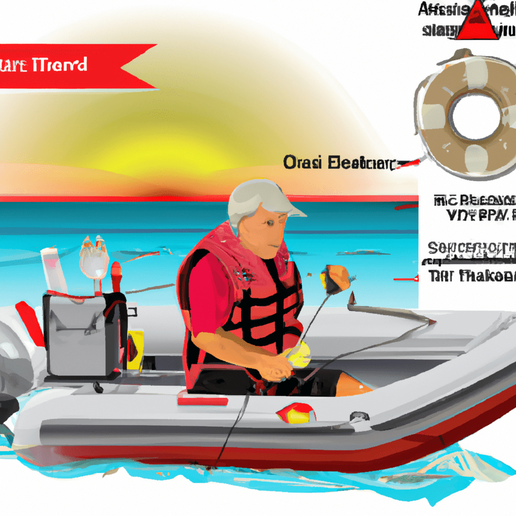 An image of a fisherman in a sturdy boat, equipped with a first aid kit and emergency flares, surrounded by safety equipment like life jackets and a compass, illustrating the importance of emergency preparedness in tarpon fishing adventures