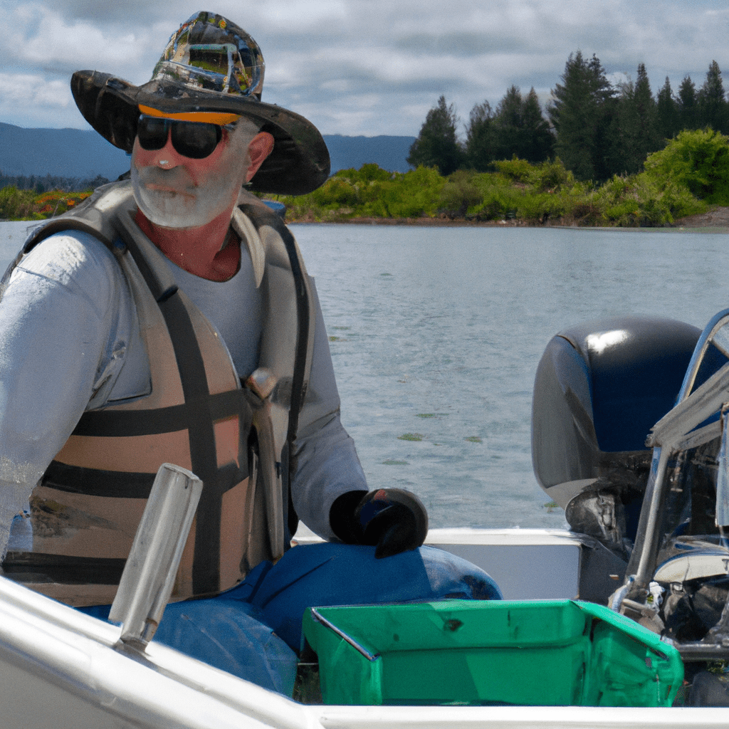 An image showcasing a well-prepared angler wearing a sturdy, high-visibility life jacket, a wide-brimmed hat, polarized sunglasses, and gripping a reliable landing net, while standing on a stable boat deck amidst calm waters