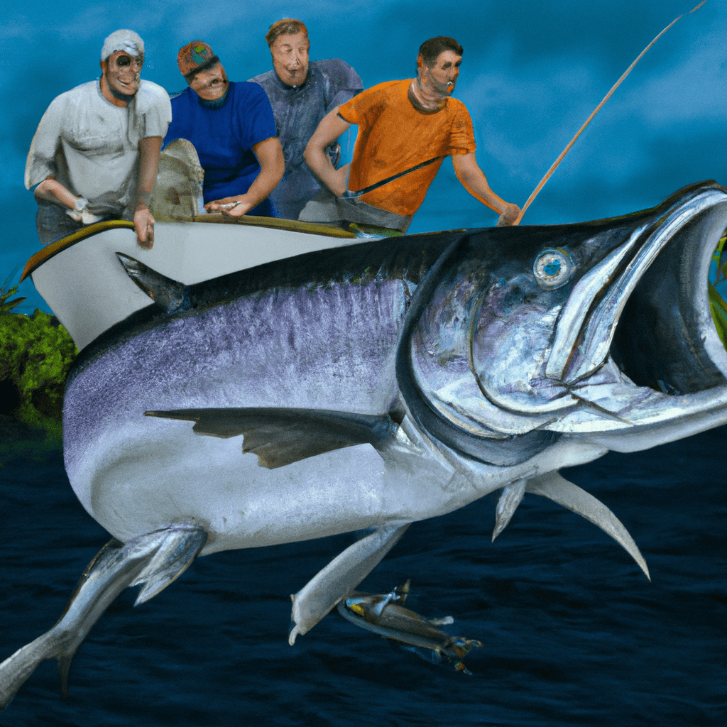 An image depicting a group of anglers on a boat, cautiously observing a tarpon's body language