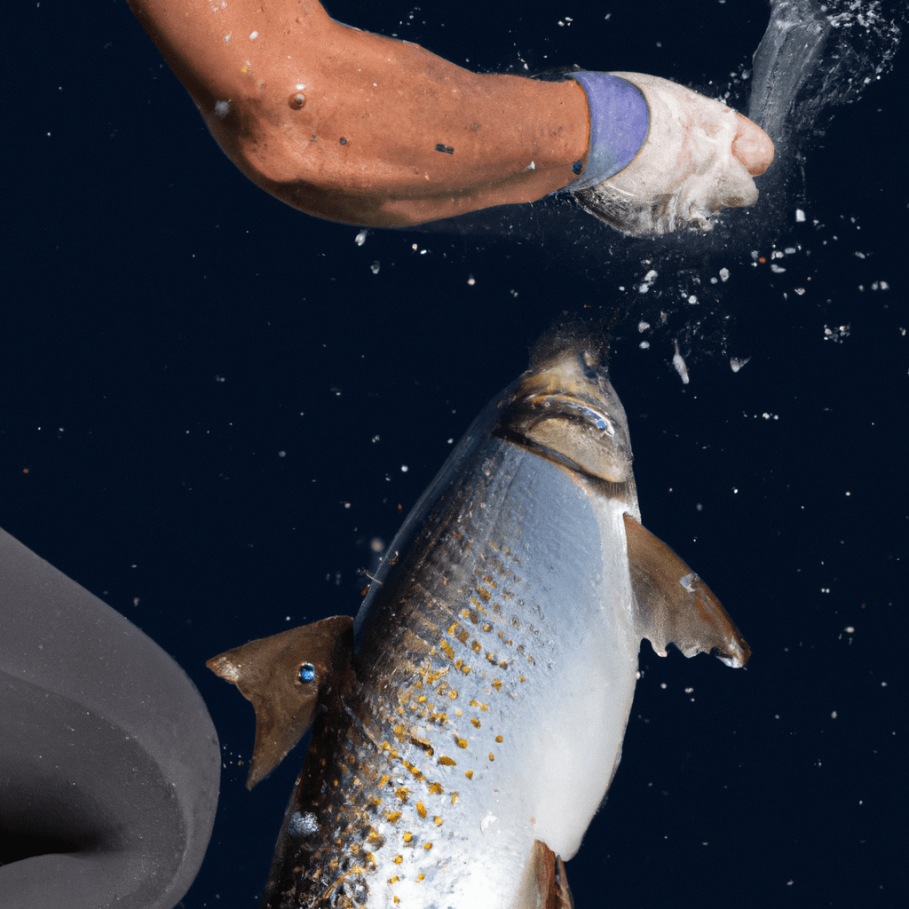An image capturing the essence of safety while catching and releasing tarpon: a skilled angler, wearing protective gloves, gently supporting a majestic tarpon mid-air, showcasing proper handling techniques and respect for the magnificent fish