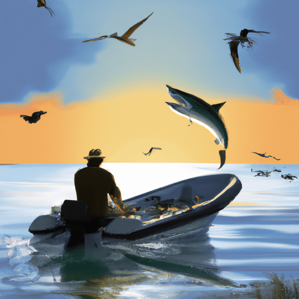 An image of a serene coastline, with a solitary angler standing on a sturdy fishing boat, wearing a life jacket and holding a fishing rod, surrounded by schools of majestic tarpons