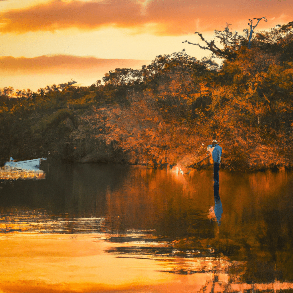 An image depicting a serene river at sunset, where a skilled angler stands on a boat, casting a long, graceful line