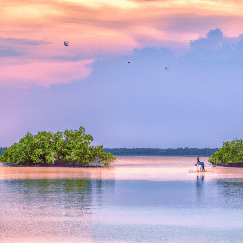 An image showcasing a vast, pristine mangrove-lined estuary at sunset