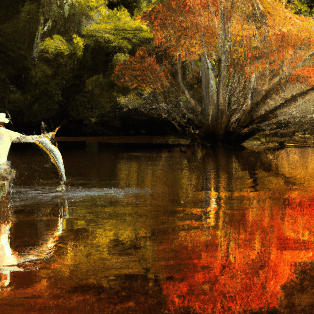 An image capturing the essence of fall tarpon fishing: a serene river engulfed in warm hues of red and gold, with a skilled angler casting his line towards a shimmering school of trophy tarpons