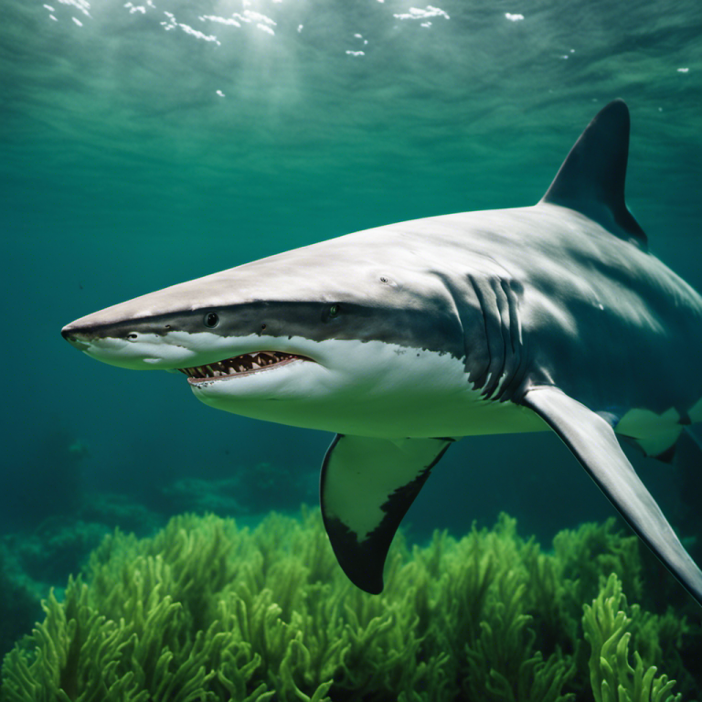 Up of a large shark, looming in a shallow, green-tinted sea, with a tarpon swimming nearby