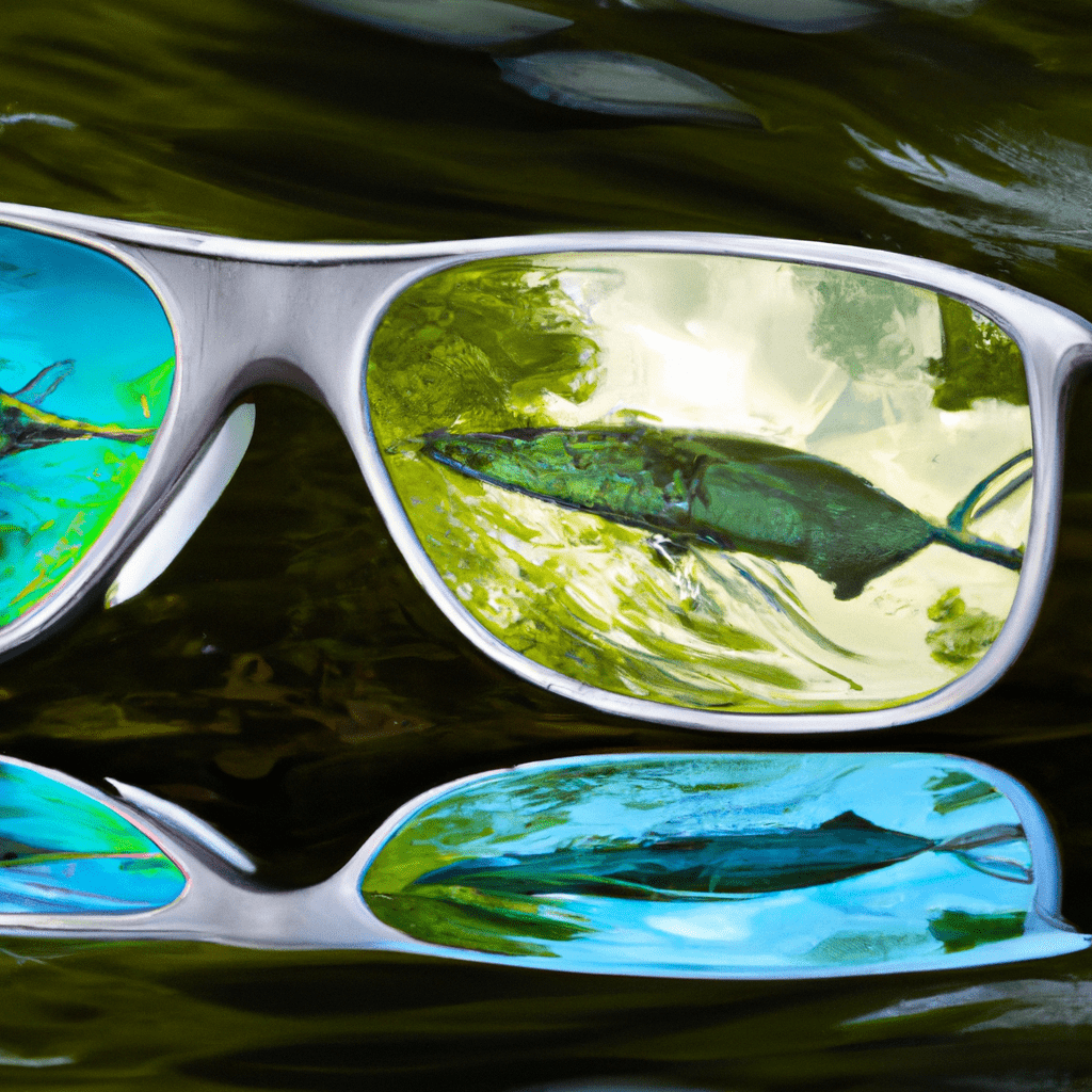 An image that showcases a close-up shot of a high-quality pair of polarized sunglasses, with the reflection of a stunning tarpon gliding gracefully through the crystal-clear water, allowing readers to visualize the importance of choosing the right spotting equipment