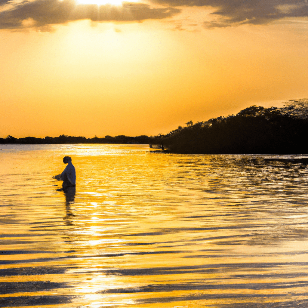 An image capturing a serene, golden sunset casting a warm glow over a calm, glassy surface of water