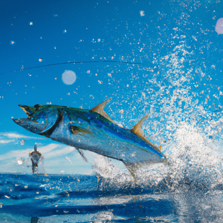 An image capturing the moment of triumph as a skilled angler stands on a sun-kissed fishing boat, casting a line towards a shimmering turquoise water, where a massive tarpon leaps majestically amidst sparkling droplets