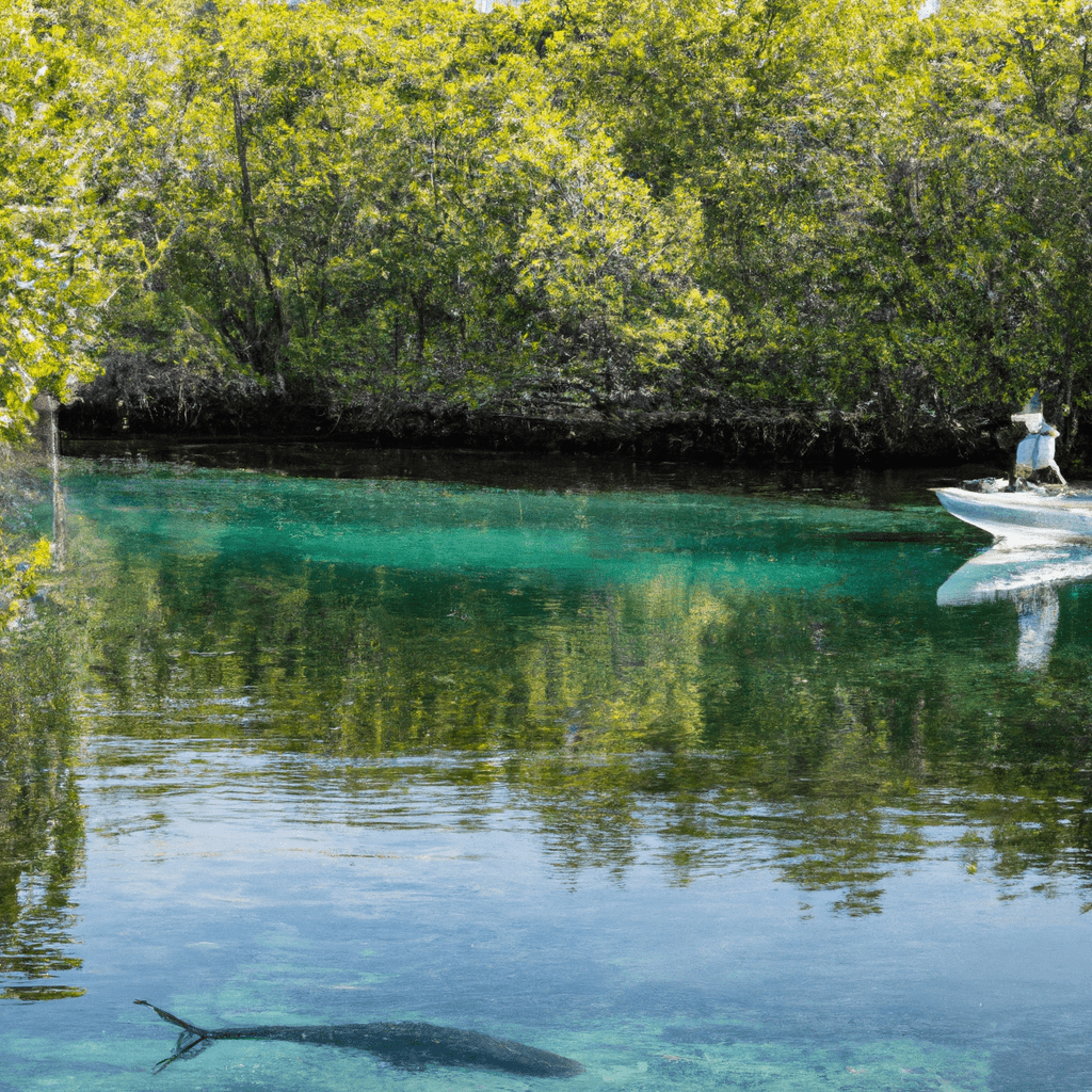 An image showcasing a crystal-clear mangrove-lined waterway, with a solitary angler perched on a small boat, intently observing a massive tarpon gracefully gliding below the surface, revealing its unmistakable silver scales and powerful tail