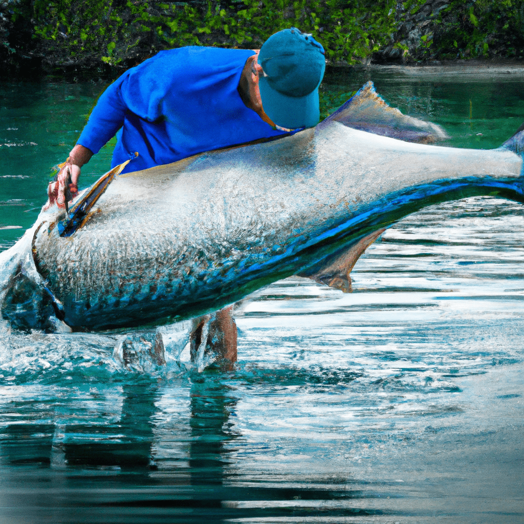 An image capturing the intense moment of a skilled angler gently cradling a massive tarpon, mid-air, before releasing it back into the shimmering turquoise waters, showcasing the art of safe tarpon landing and respectful release