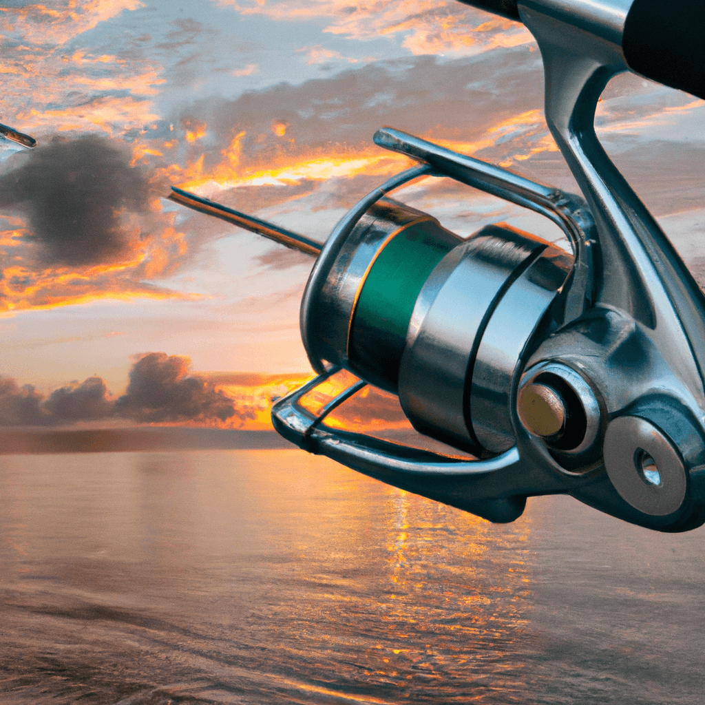 An image featuring a close-up shot of a sturdy, high-quality fishing reel mounted on a sleek, graphite rod, with the backdrop showcasing a vibrant sunrise over calm waters, hinting at the thrilling adventure of tarpon fishing