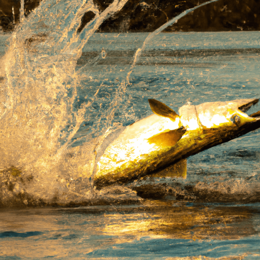 An image capturing the intensity of a tarpon fishing battle: a skilled angler expertly maneuvering a powerful tarpon, their line taut, as the majestic fish leaps out of the water, shimmering in the golden sunlight