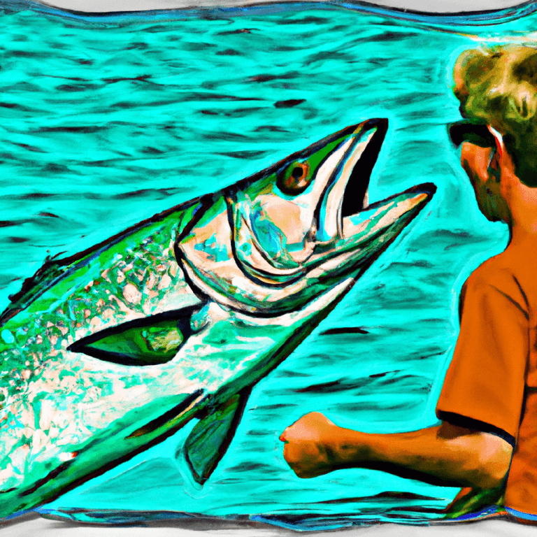 An image capturing the thrill of tarpon fishing, showcasing a novice angler battling a colossal silver king amidst the turquoise waters of Florida