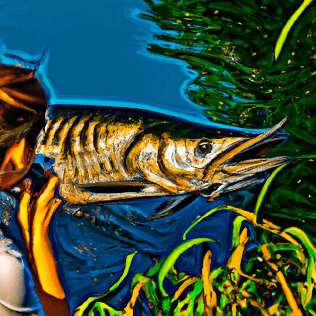 An image capturing the intense interaction between a tarpon and a fisherman amidst a vibrant coastal estuary