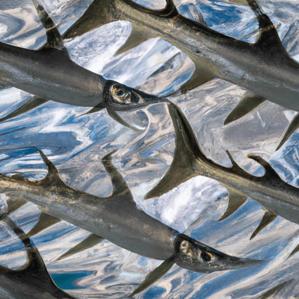 An image capturing the mesmerizing dance of tarpon feeding in a tidal current, displaying their synchronized movements amidst shimmering silver scales, as they glide effortlessly through crystal-clear waters, revealing their mysterious migration patterns