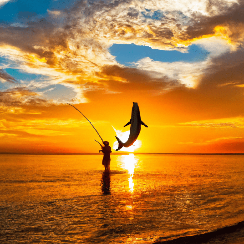 An image capturing a golden sunset casting a warm glow over a skilled angler delicately casting a vibrant, shimmering lure into crystal clear waters, enticing a colossal silver tarpon lurking beneath the surface