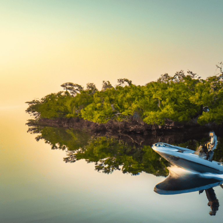 An image capturing the serene dawn over calm turquoise waters, a gleaming center console boat gliding effortlessly amidst lush mangroves, with a skilled angler casting a perfectly arched line towards a majestic leaping tarpon