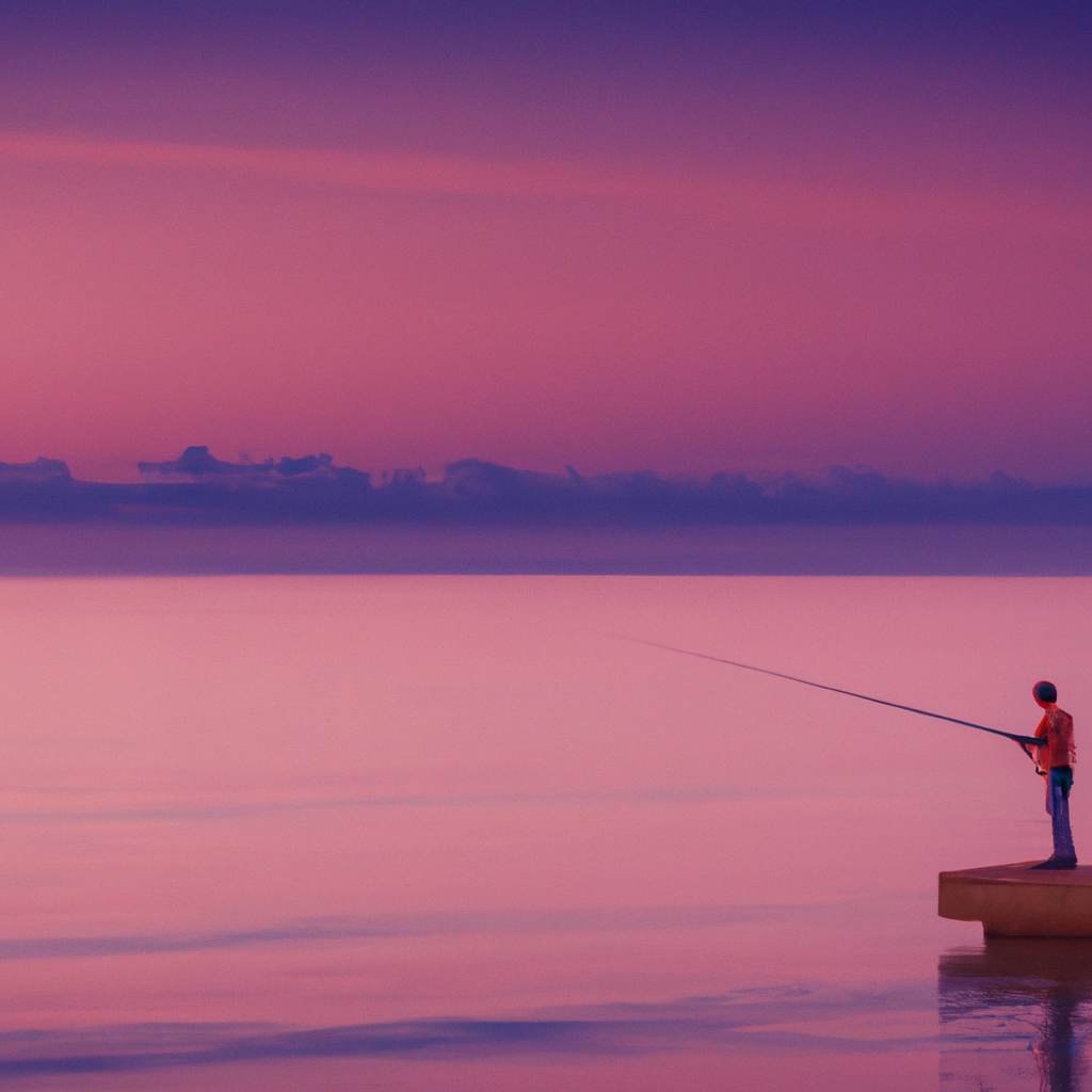 An image showcasing the mesmerizing hues of a hazy sunrise over a calm, glassy ocean, with a lone angler casting a line towards a school of leaping tarpon, capturing the magic of the perfect dawn fishing moment