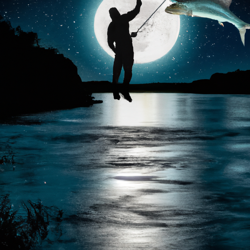 An image capturing a moonlit river, where a silhouetted angler stands with a fishing rod, casting their line into the water