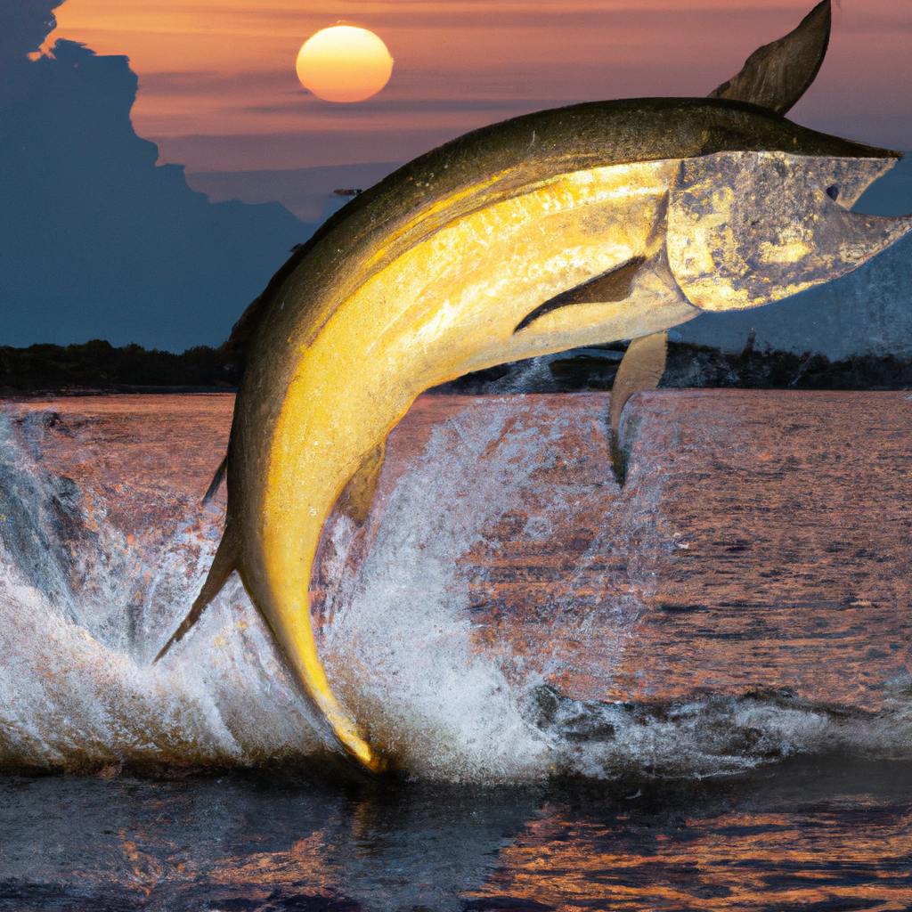 An image capturing the serene sight of a tarpon leaping out of the water against a breathtaking sunset backdrop, highlighting the significance of tides and moon phases in unraveling the secrets of successful tarpon fishing