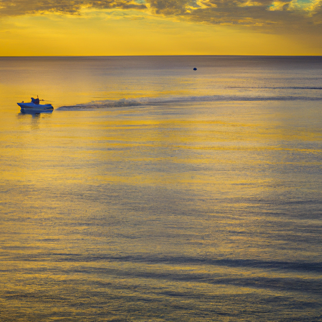 An image portraying a serene seascape at dawn – sunlight gently filtering through wispy clouds, casting a golden glow on calm waters
