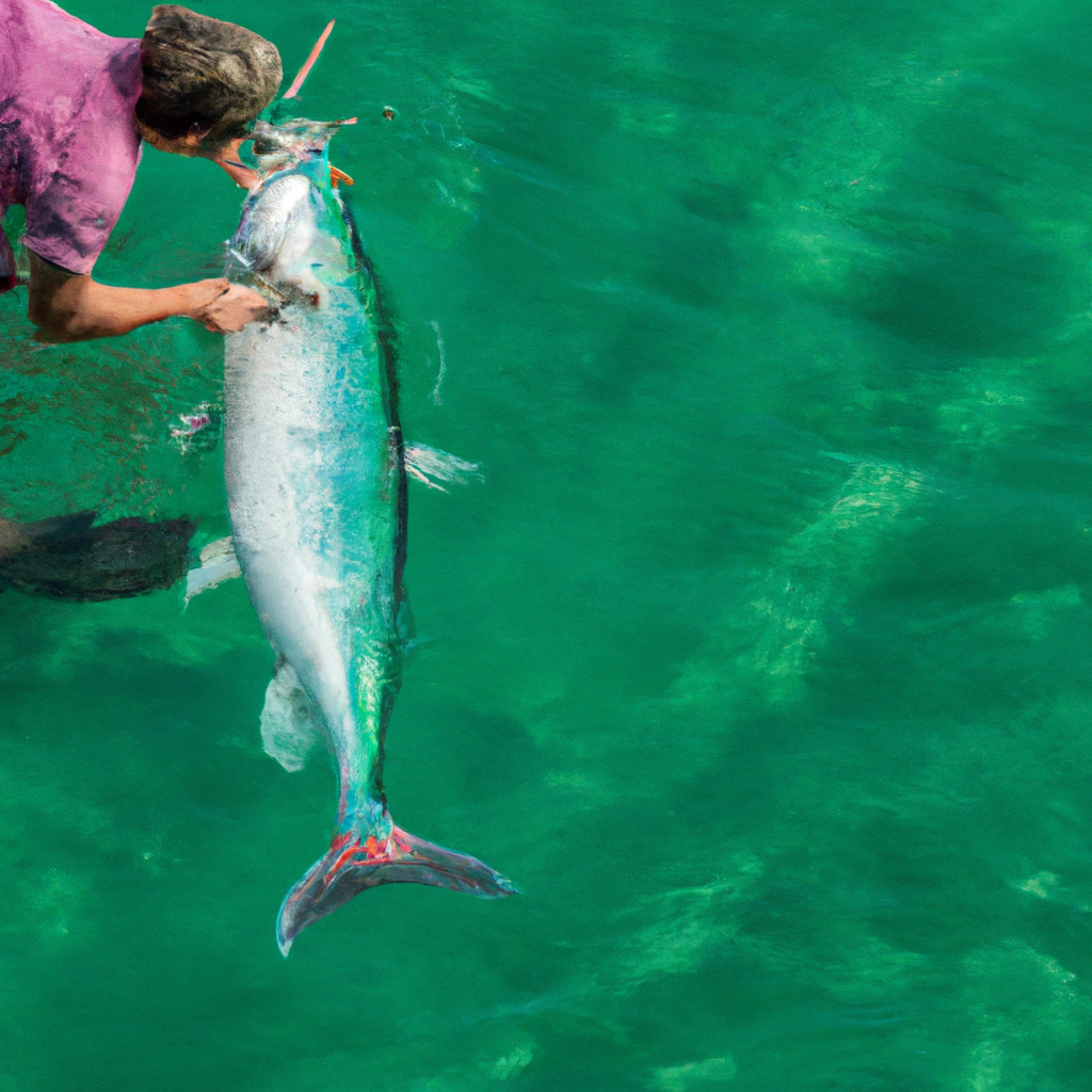 An image capturing the serenity of a skilled angler gently releasing a majestic tarpon back into the shimmering turquoise waters, showcasing the ethical practice of catch-and-release tarpon fishing